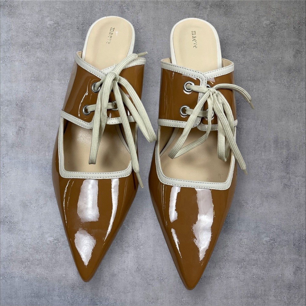 Anthropologie Maeve Contrast Lace Up Kitten Heel Mules Glossy Brown Womens 9 - Picture 2 of 9